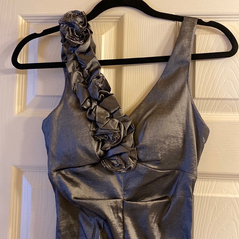 R&M Richards Silver Shimmer Ruched Mermaid Gown; with Cascading Roses; 6